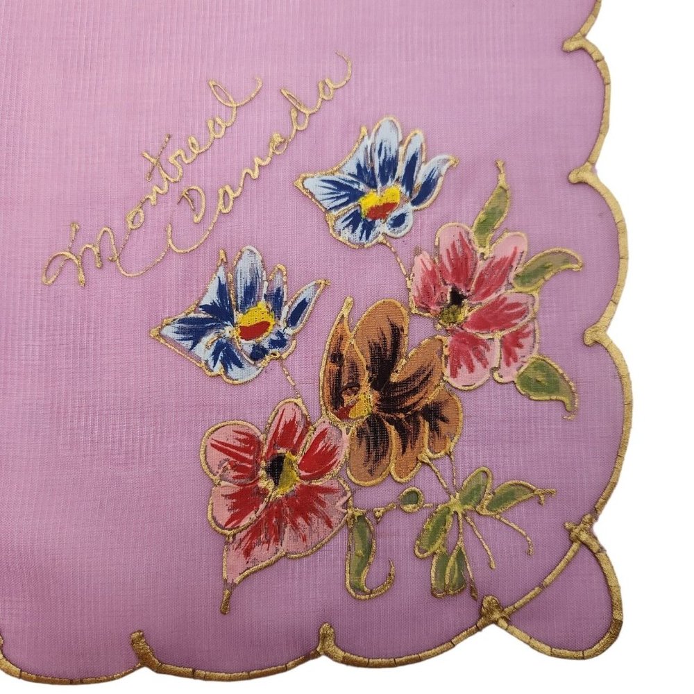 Vintage Montreal Canada Hankie Handkerchief Souvenir Handpainted Pansies Flowers
